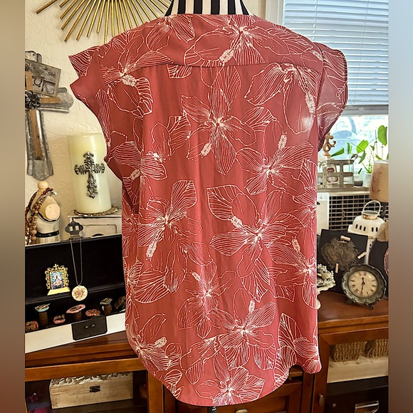 Tropical Palm Print Ruffle Cap Sleeves Casual Cute Top Burnt Orange Fun2Fun MED - Picture 2 of 8